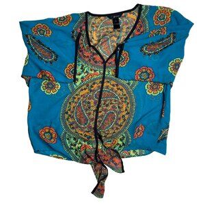Women's Colorful Blue Paisley Cropped Blouse Tie Front, Large